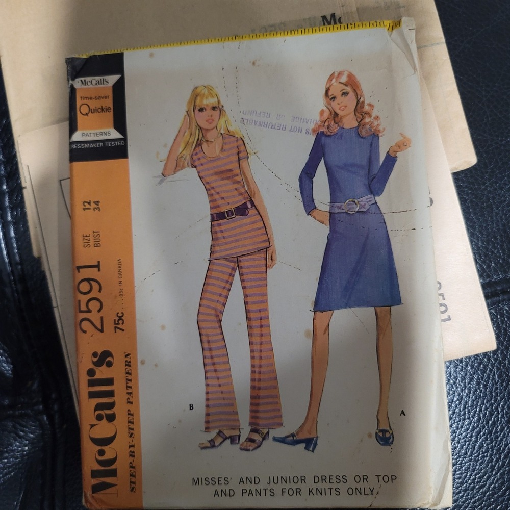 Vintage 70s McCalls 2591 Sewing Pattern Uncut Dress Top Pants Size 12 Bust 34
